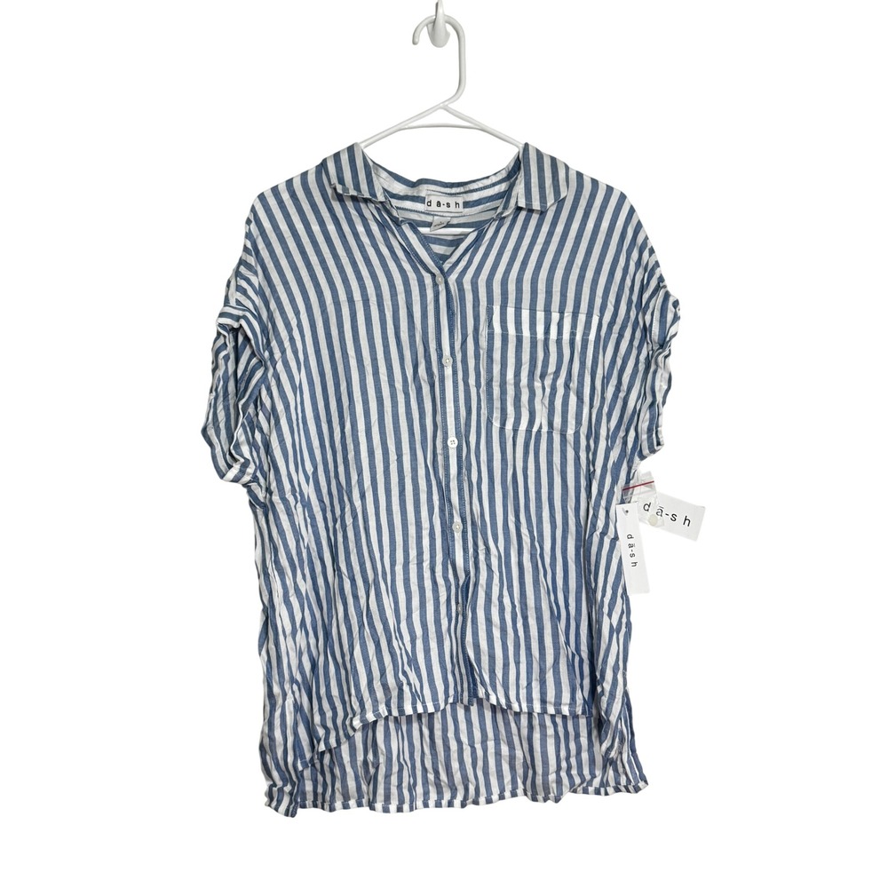 Dash Women Blue White Striped Button Down‎ Blouse Shirt Collar Large NWT